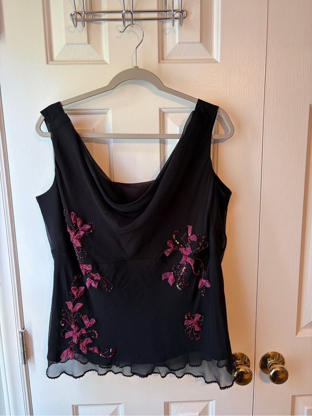 dressbarn Black Sleeveless Cowl Neck Camisole with Pink Floral Beaded Embroidery